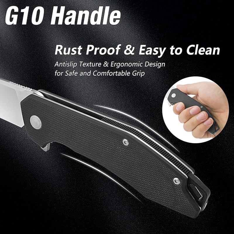 FLISSA Pocket Knife, Folding Tactical Knife with G10 Handle, D2 Blade, Liner Lock, Pocket Clip, EDC Knife for Hiking, Camping, Survival, Indoor and Outdoor Activities(Black) - Image 4